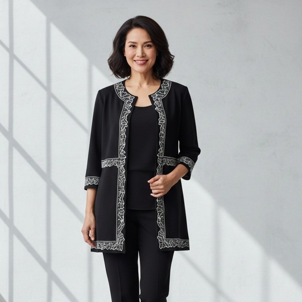 Ming Wang Black Knit Longline Cardigan White Embroidered Trim Size‎ M